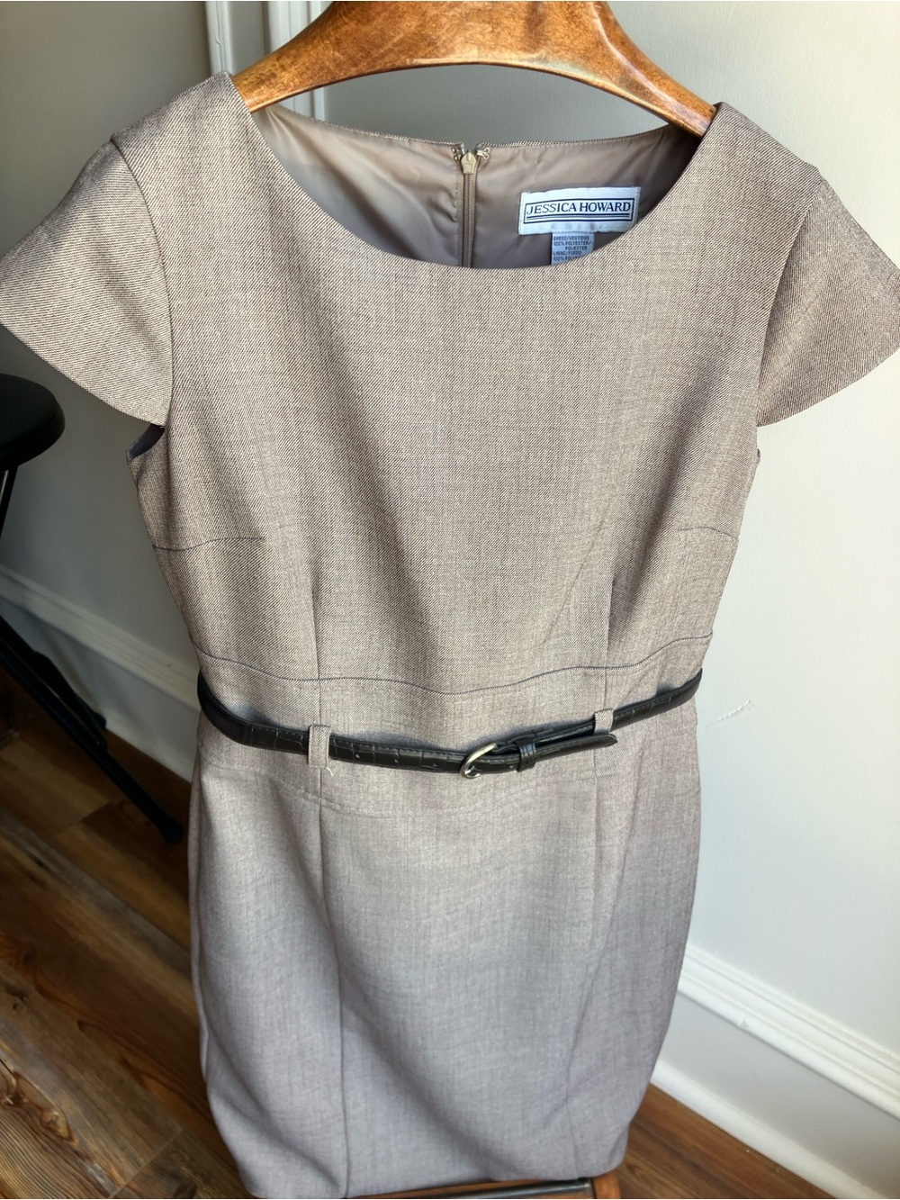 Jessica Howard Taupe Sheath Dress with Black Belt Accent